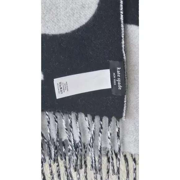 Kate Spade New York Black Cream Wool Cashmere Spade Logo Scarf Oversized